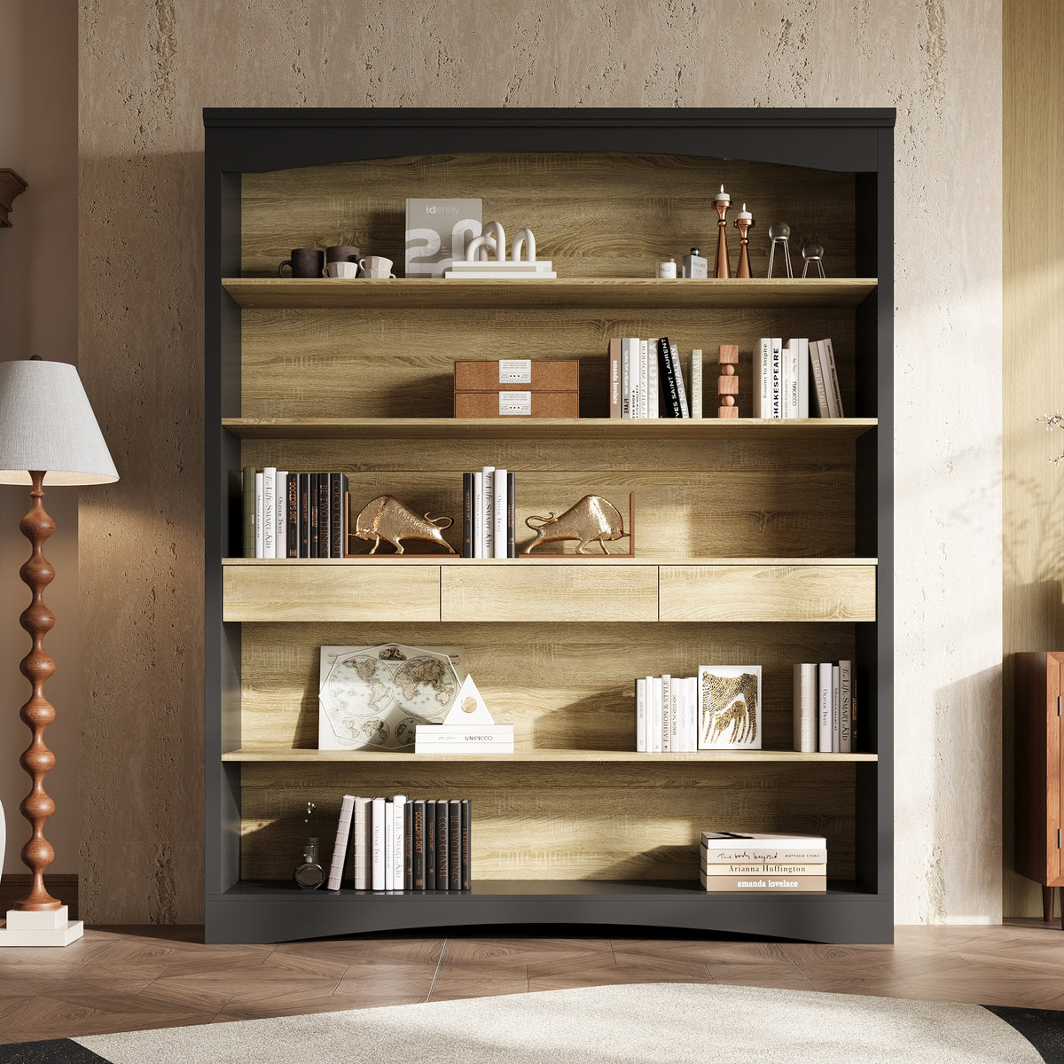 Wooden bookshelf with decorative items in a room setting
