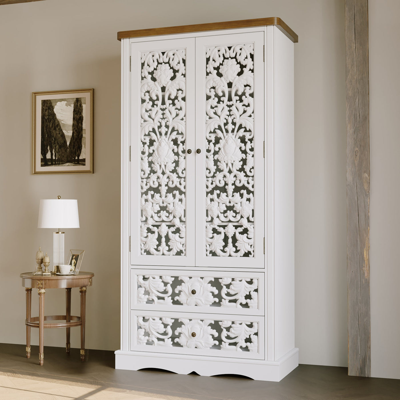 Dining room with a white ornate cabinet and wooden table