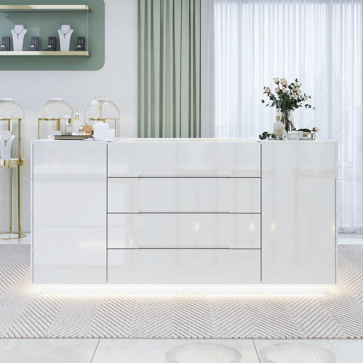 Modern white sideboard in a stylish room with decor elements.