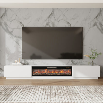 109" Modern White/Black TV Stand with 23" Electric Fireplace & 2 Storage Drawers