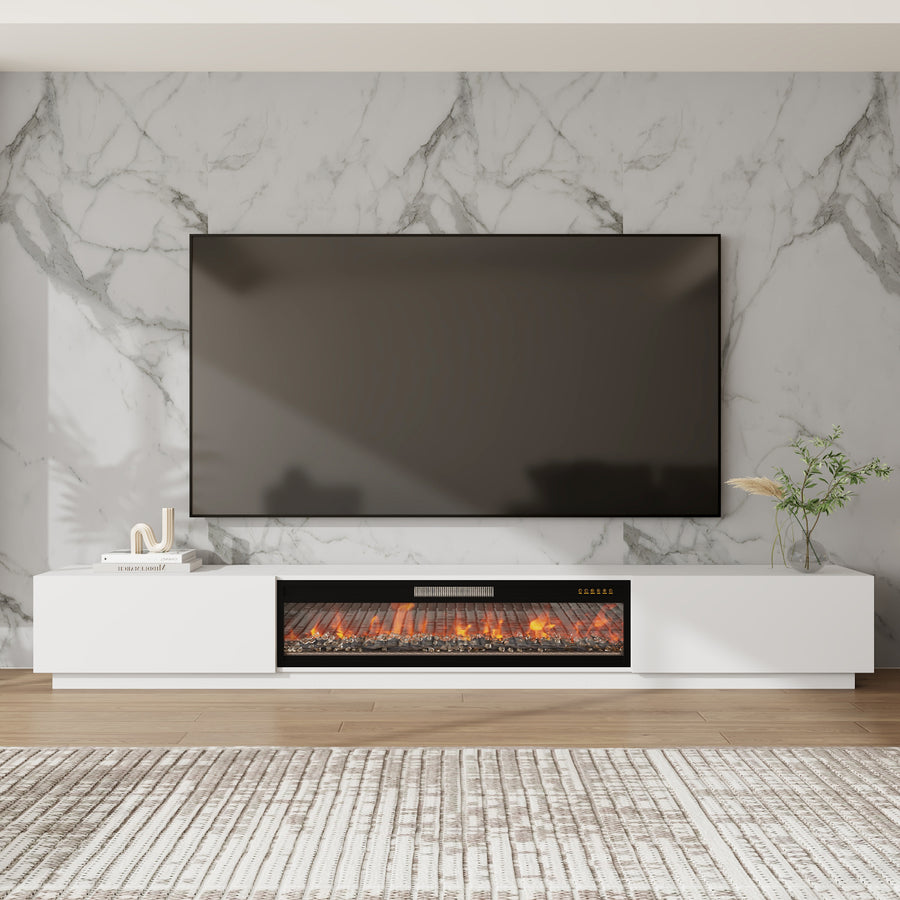 109" Modern White/Black TV Stand with 23" Electric Fireplace & 2 Storage Drawers