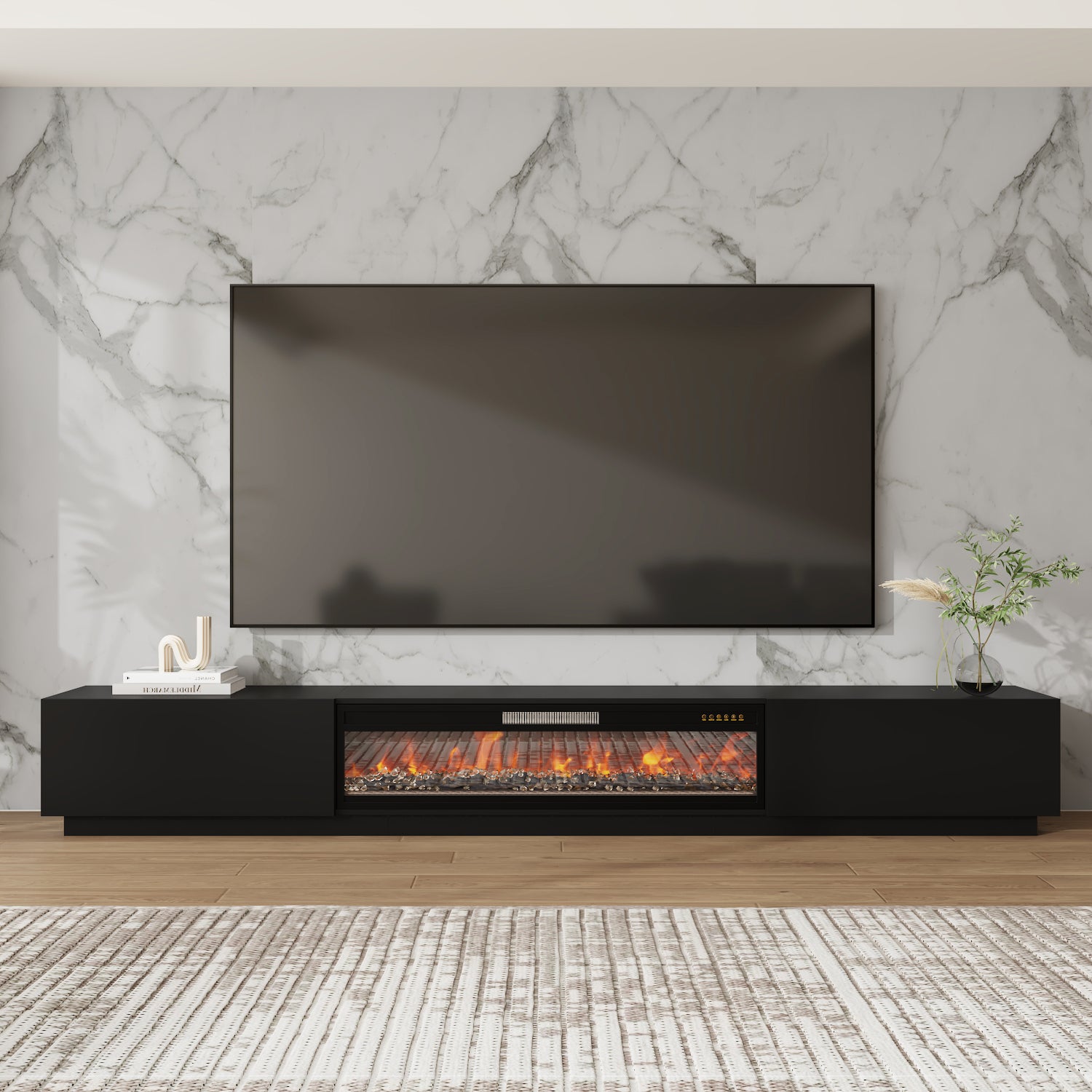 109'' W 2-Drawer TV Stand Media Console With Electric Fireplace Heater