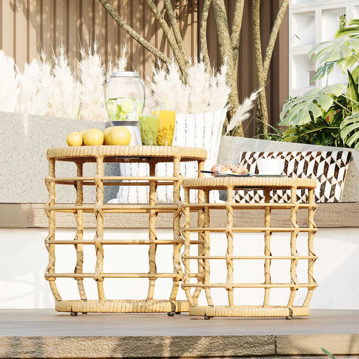 17.7" Boho Wood Solar Nesting Tables with Built-in Lights