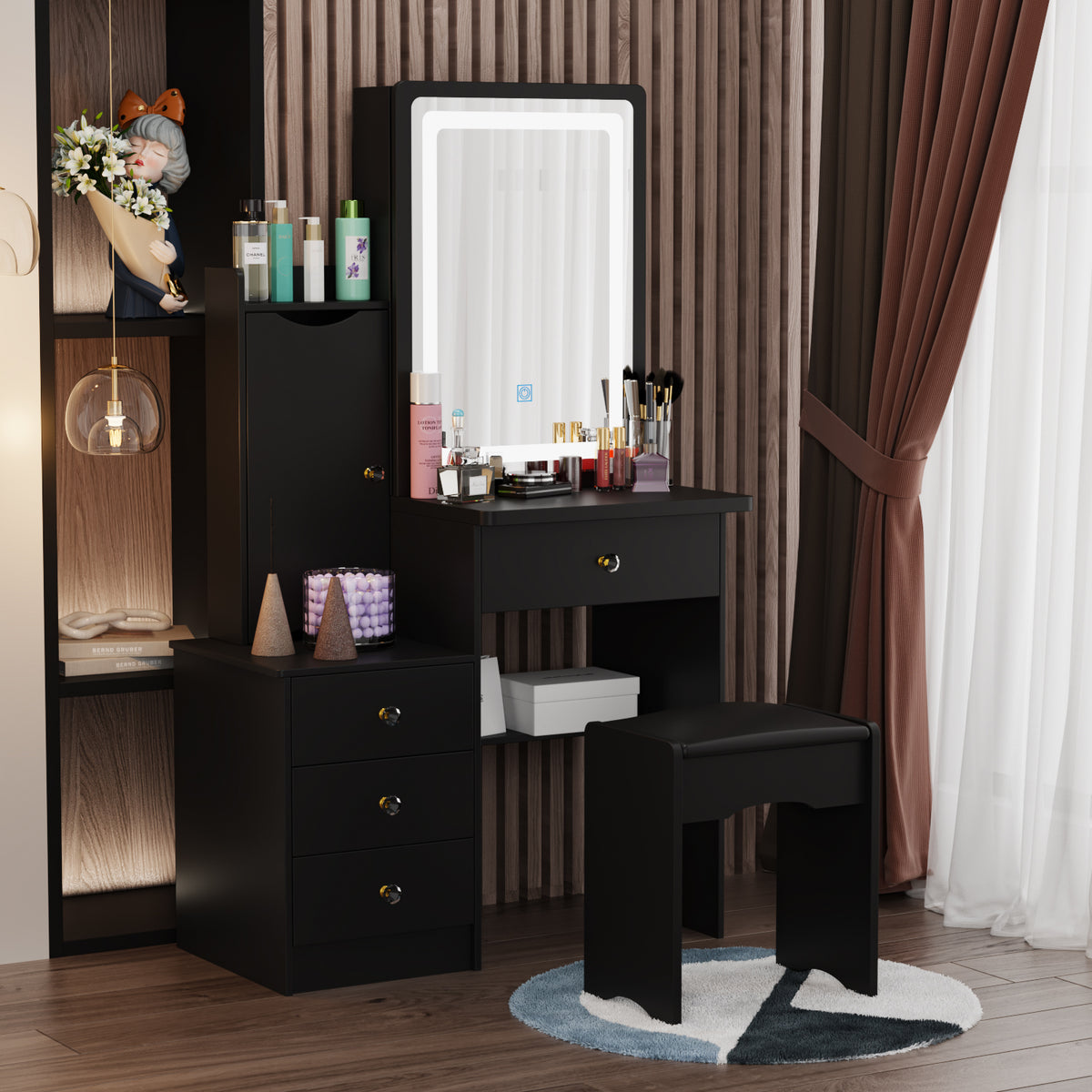 35.4" Modern White/Black Vanity Set with Sliding Mirror, 4 Drawers, Shelves and Cushioned Stool