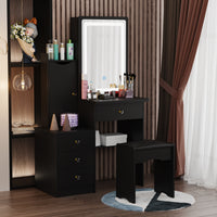 35.4" Modern White/Black Vanity Set with Sliding Mirror, 4 Drawers, Shelves and Cushioned Stool