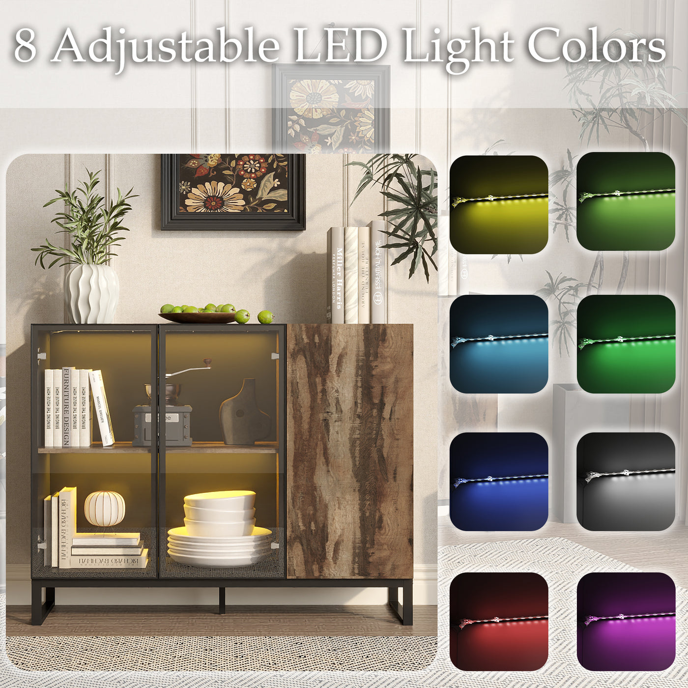 47.2" Black Sideboard Buffet Cabinet with LED Lights and Glass Doors