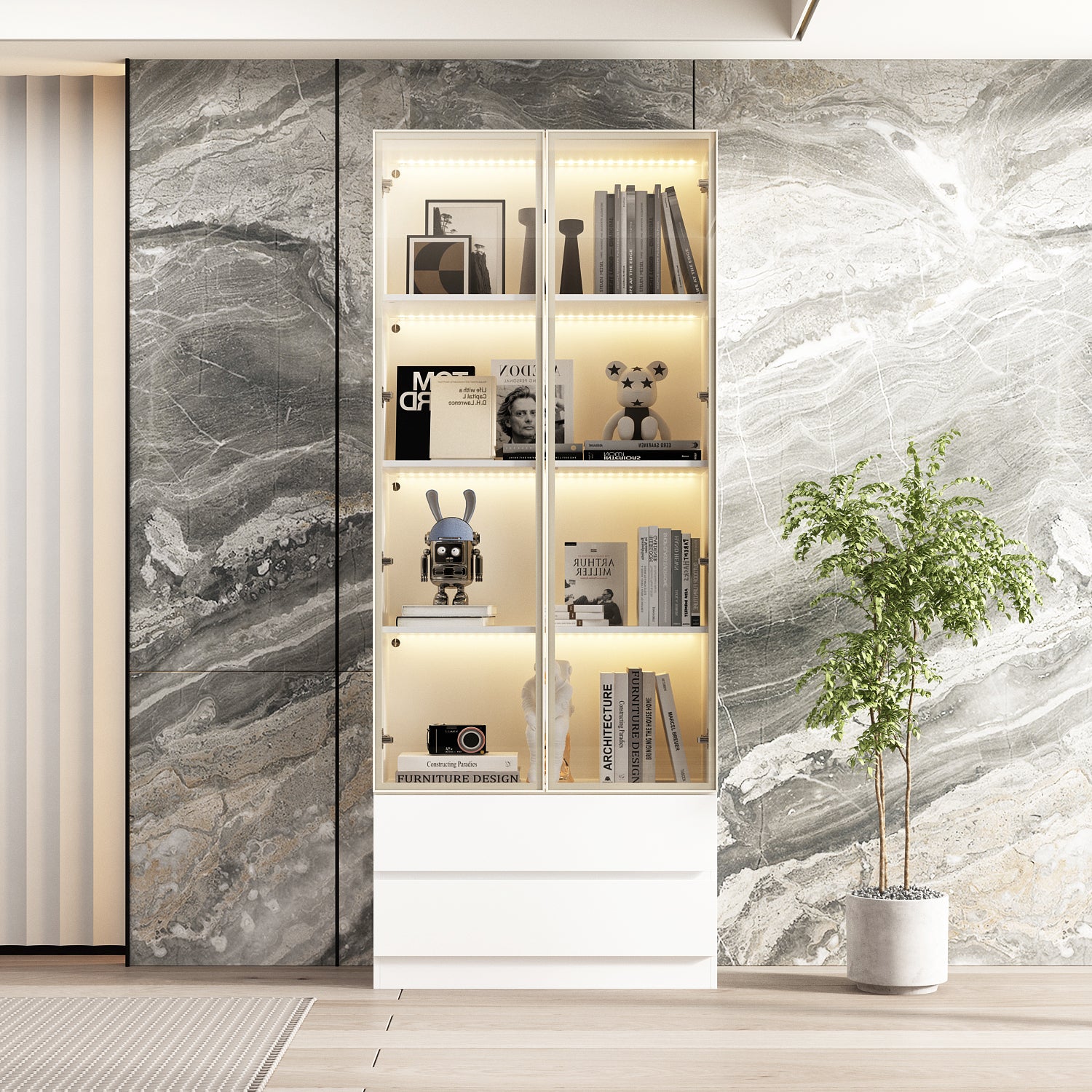 Display Cabinet With Adjustable Lights And Tempered Glass Door