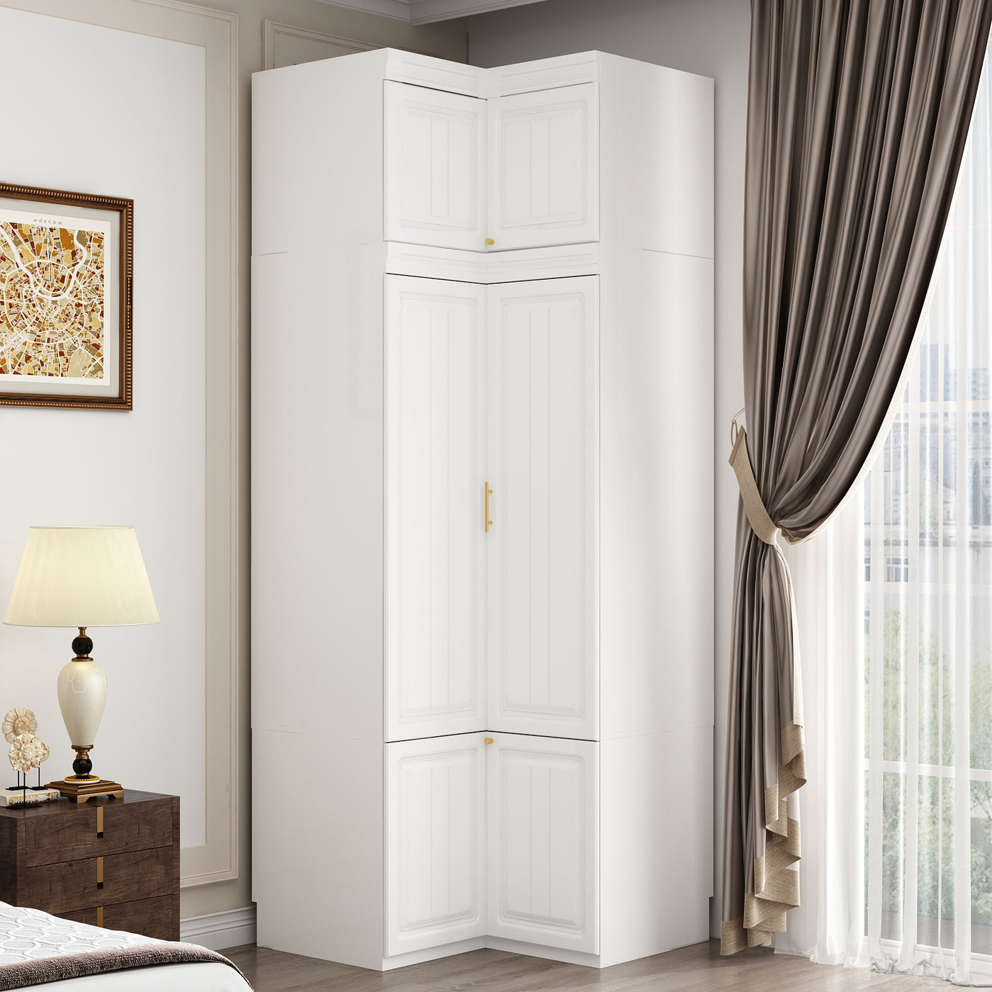 35.4" Modern White L-Shaped Corner Wardrobe with Top Cabinet