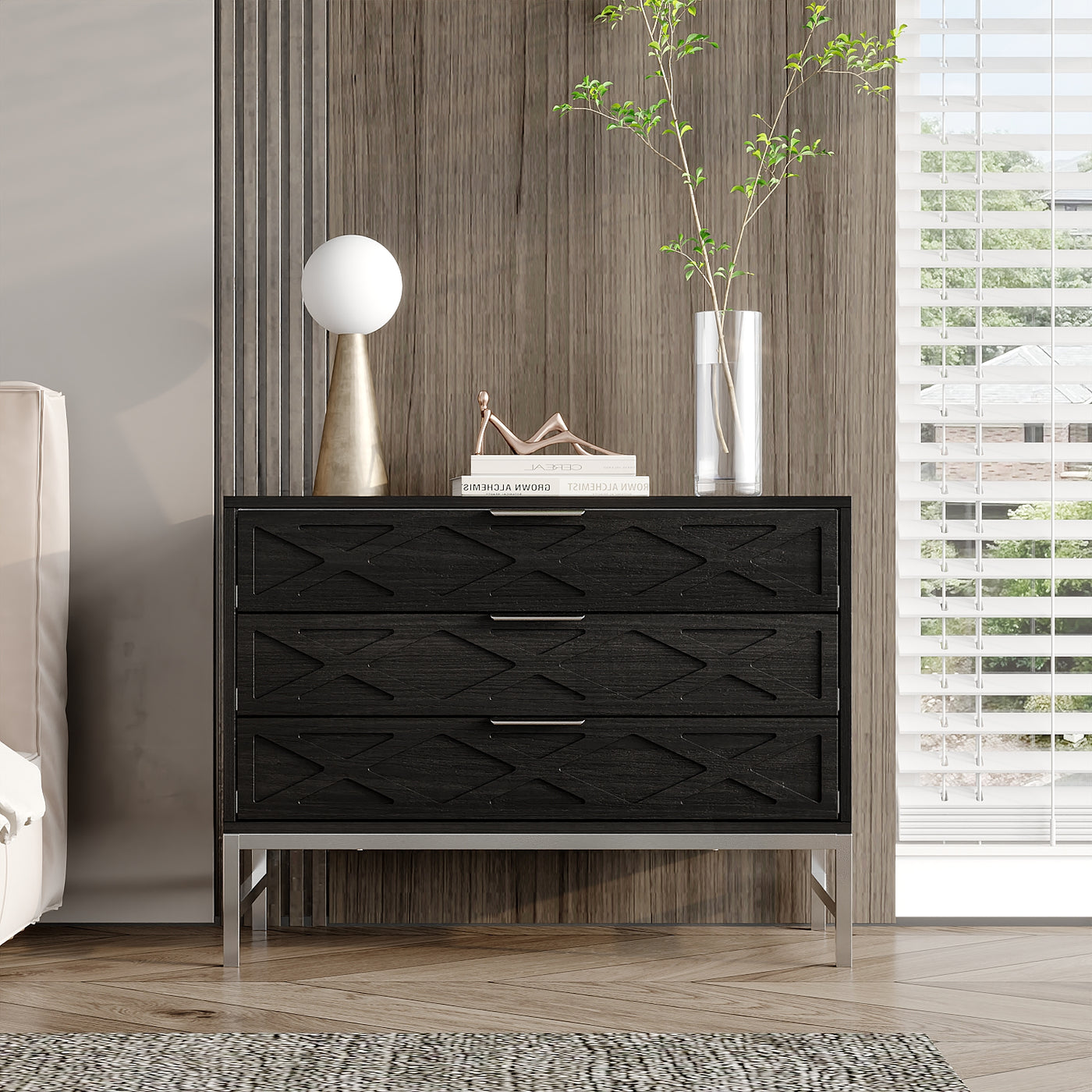 19.7" Modern Black 3-Drawer Nightstand with Metal Legs