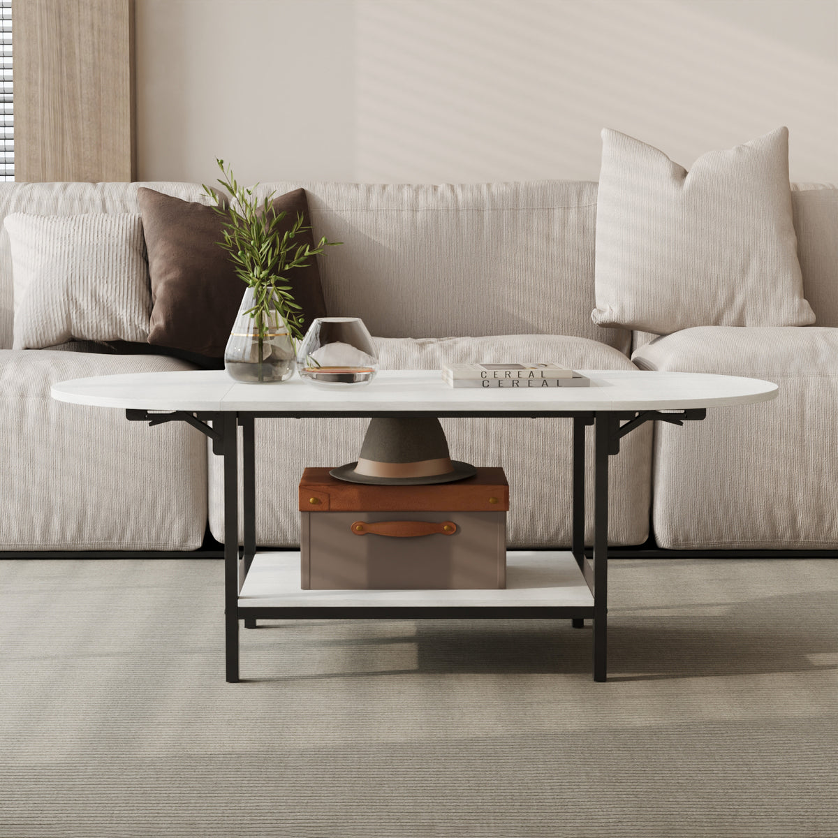 47.2" Modern White Coffee Table with Folding Design