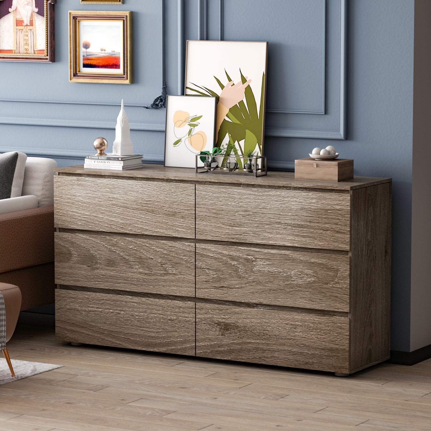 Distressed Sideboard 6-Drawer Storage Buffet Display Table Grain Texture for Living Room and Kitchen