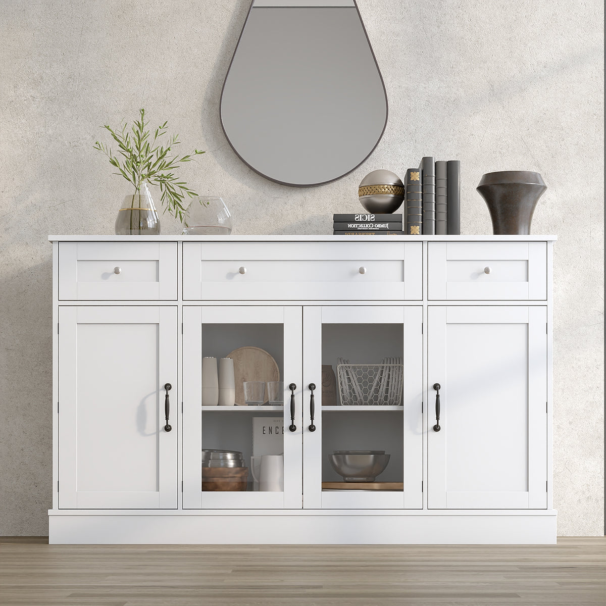 55" Modern White Sideboard Buffet Cabinet with 3 Drawers & LED Lights