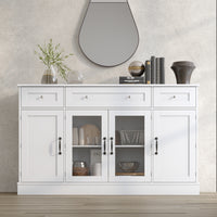 55" Modern White Sideboard Buffet Cabinet with 3 Drawers & LED Lights