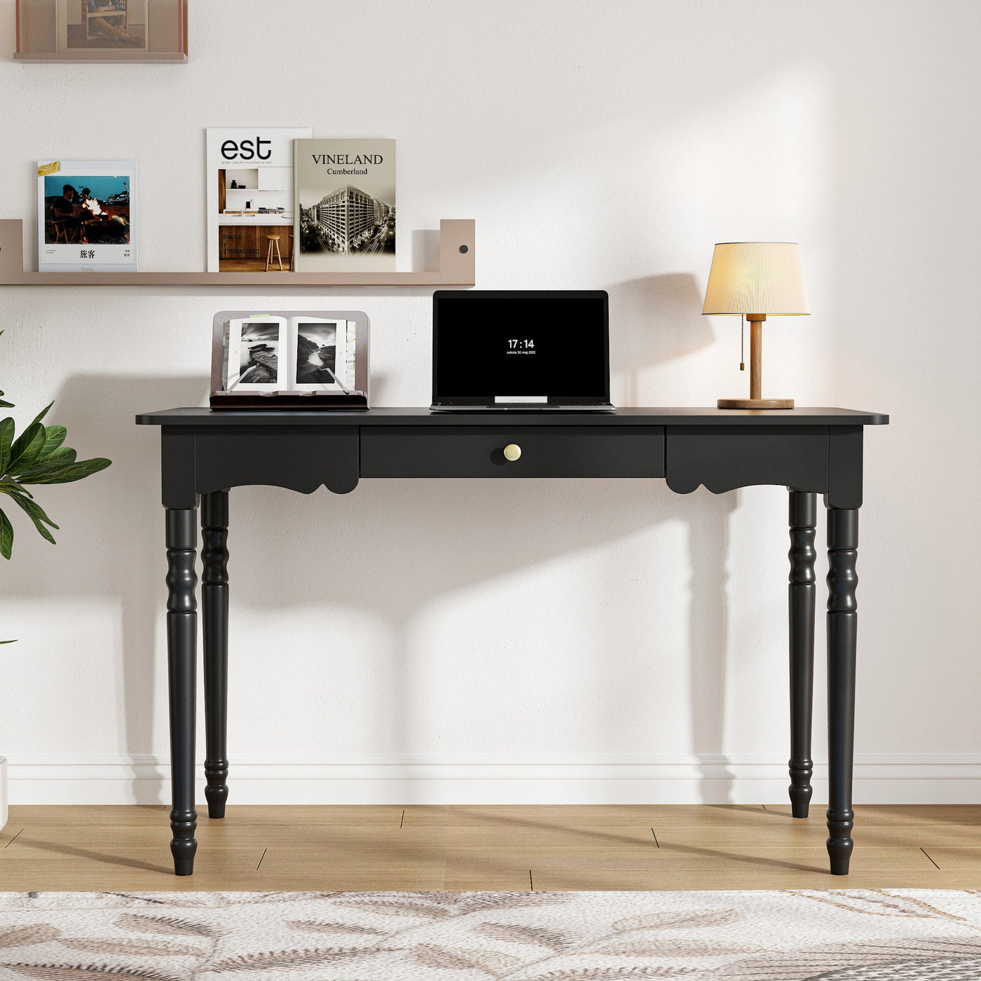 47.2" Modern Black Rectangle Writing Desk with Drawer and Alien Shaped Design