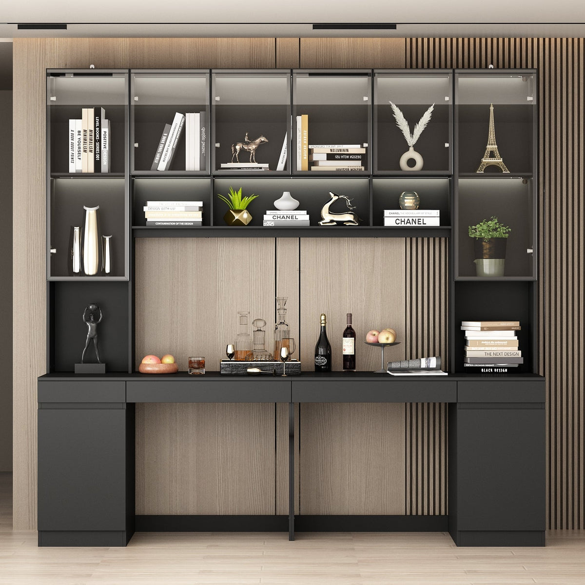 90.6" Transitional Black Computer Desk With Light And Glass Hinged Doors