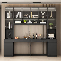 90.6" Transitional Black Computer Desk With Light And Glass Hinged Doors