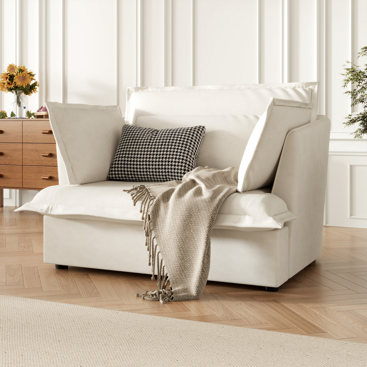 47.2" Modern White Upholstered Single Sofa with 3 Accent Pillows
