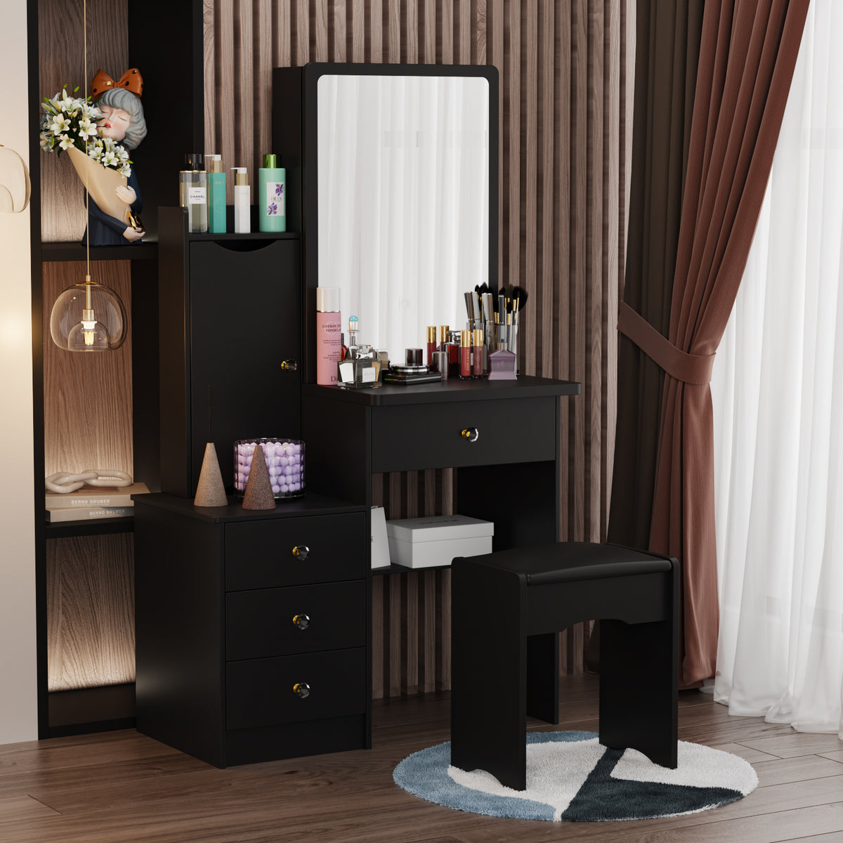 35.4" Modern White/Black Vanity Set with Sliding Mirror, 4 Drawers, Shelves and Cushioned Stool