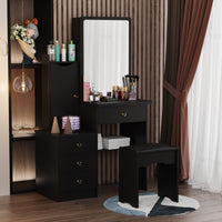 35.4" Modern White/Black Vanity Set with Sliding Mirror, 4 Drawers, Shelves and Cushioned Stool