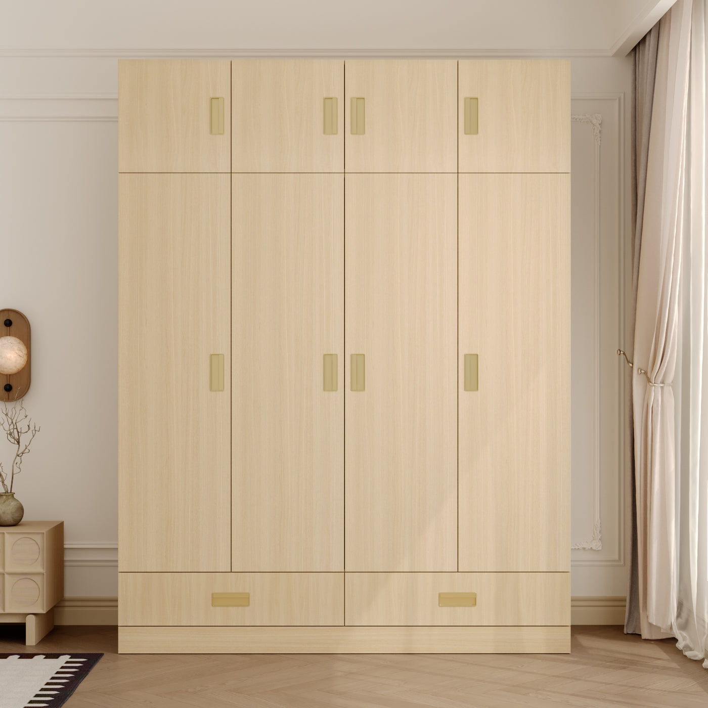 63" Beige Wood‑Grain 8‑Door Armoire Wardrobe with Top Cabinet, Hanging Rod and 2 Bottom Storage Drawers