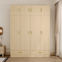 63" Beige Wood‑Grain 8‑Door Armoire Wardrobe with Top Cabinet, Hanging Rod and 2 Bottom Storage Drawers