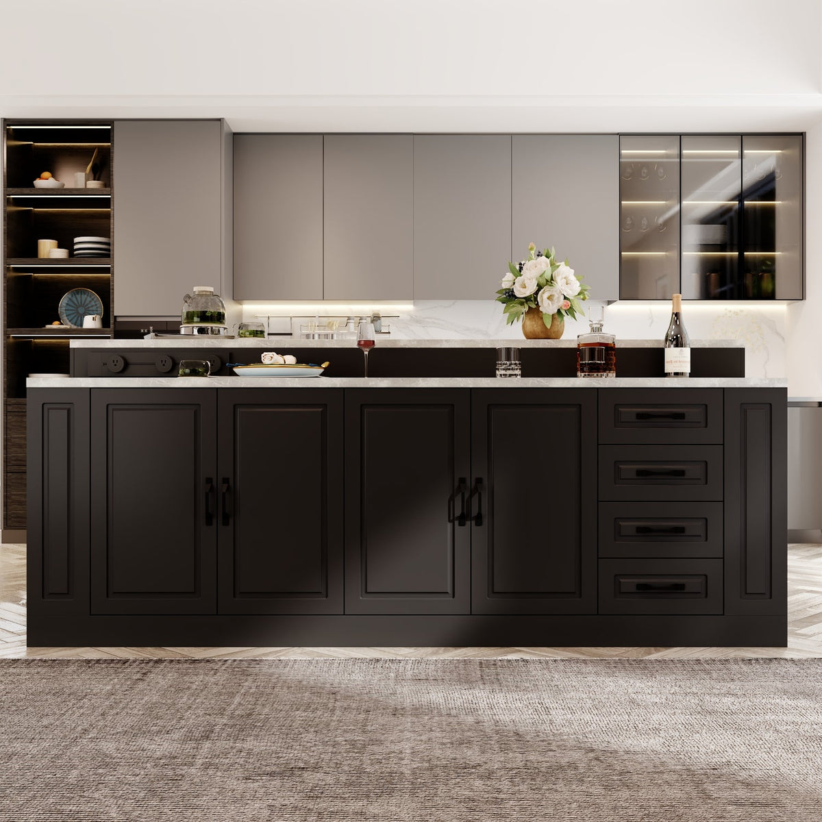 94.5" Modern Black Kitchen Island with Solid + Manufactured Wood Top