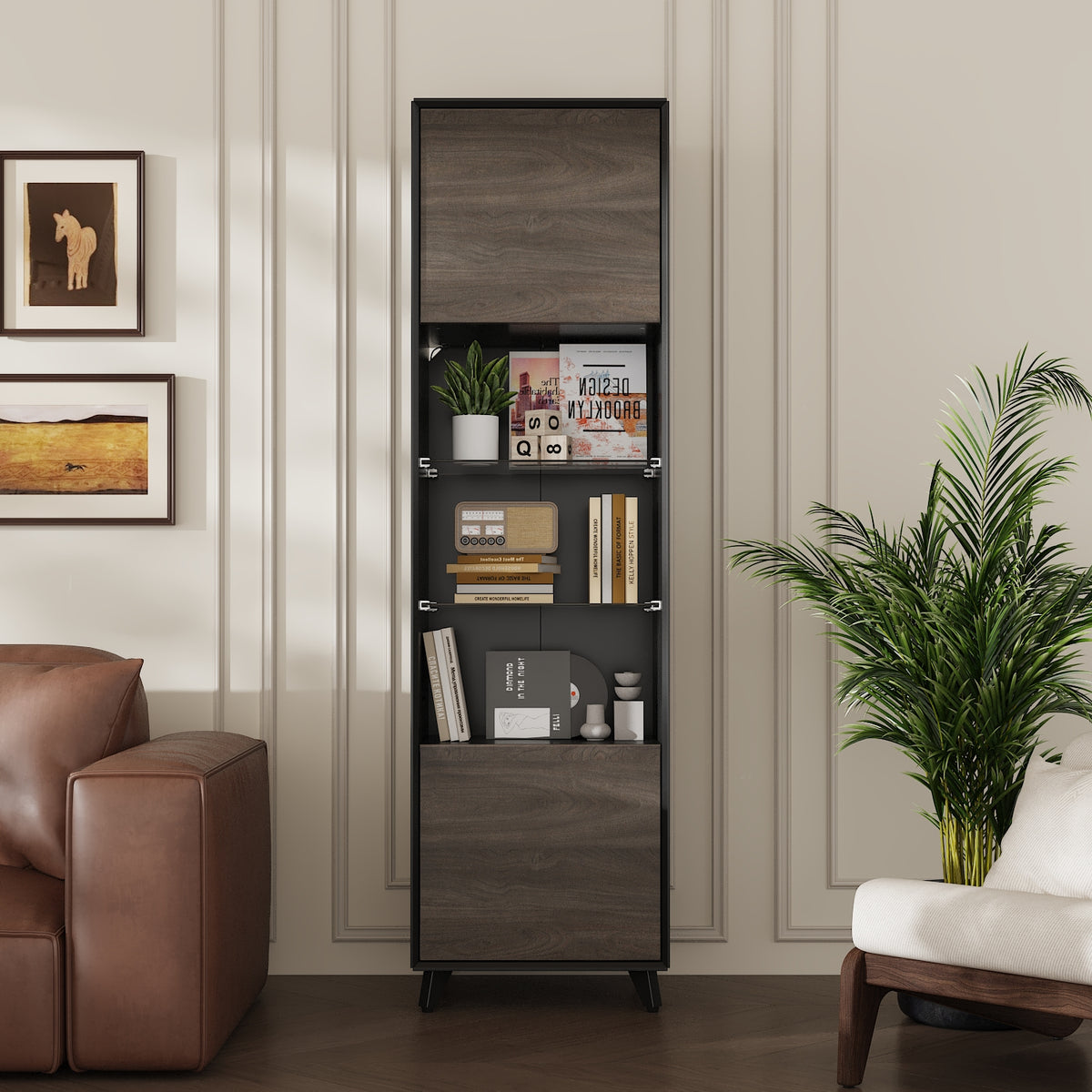 18.5" Modern Brown Tall Bookcase with 3-Color LED Lights and Glass Shelves