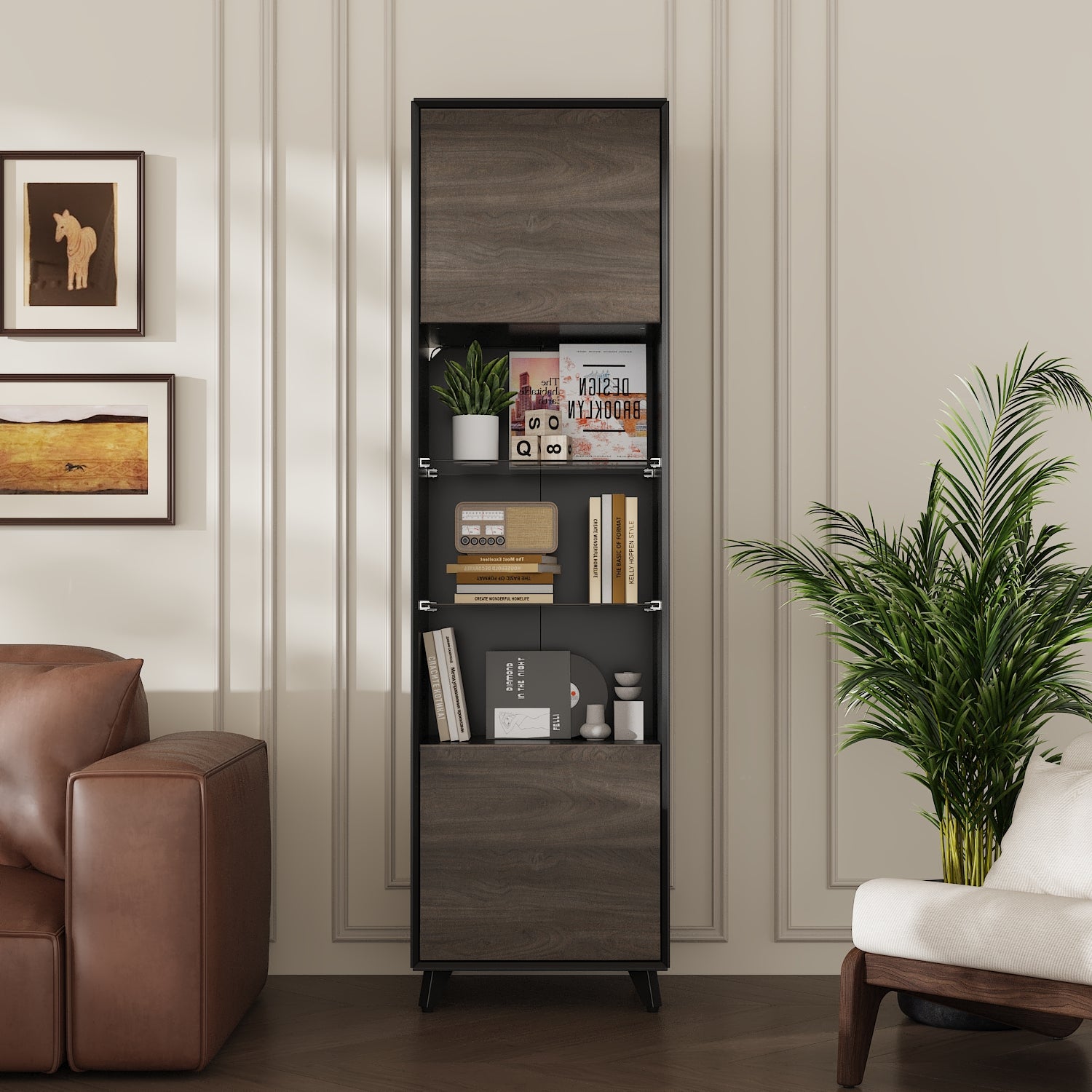 67'' Modern Tall Bookcase With Dual Cabinets, Glass Shelves & 3-Color LED Light Strips