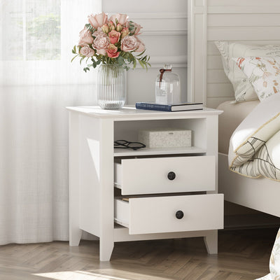 19.7" Modern Minimalist White End Table Side Table with 2 Drawers, Shelf and Wooden Legs for Bedside Nightstand