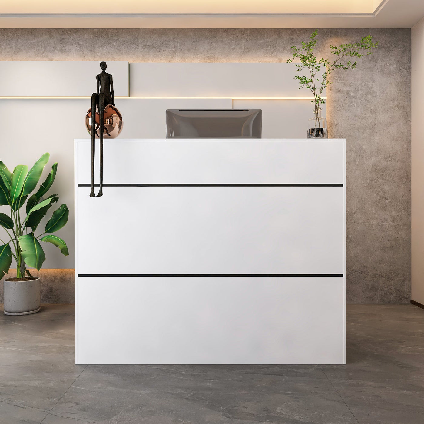 47.2" Modern White Rectangular Reception Desk With Open Shelves