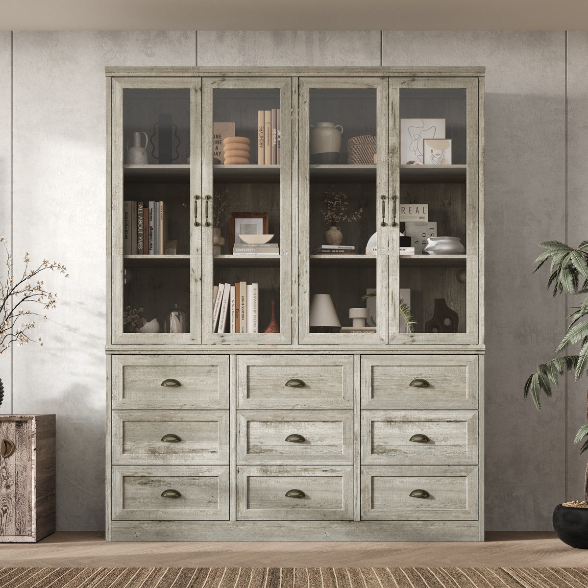 63" Vintage Oak Bookcase with 9 Drawers and 4 Glass Doors