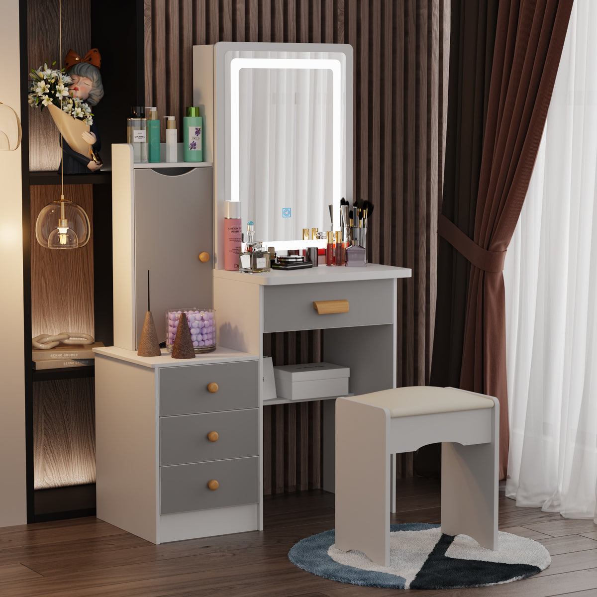 35.4" Modern White/Black Vanity Set with Sliding Mirror, 4 Drawers, Shelves and Cushioned Stool