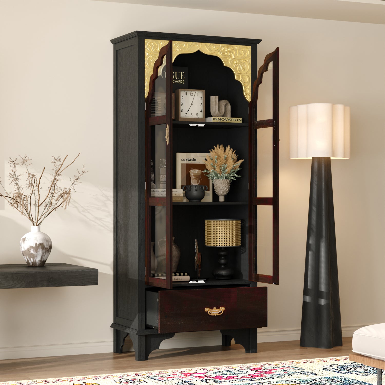 Mid-Century Bookcase with Drawers and Glass Doors