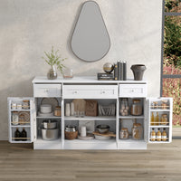 55" Modern White Sideboard Buffet Cabinet with 3 Drawers & LED Lights
