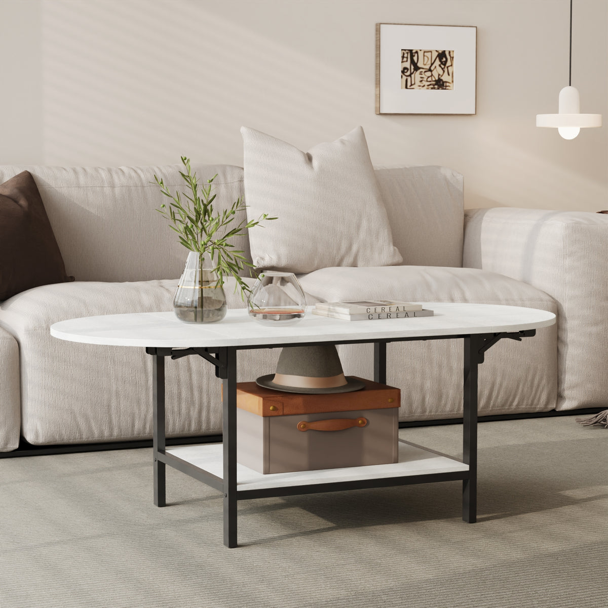 47.2" Modern White Coffee Table with Folding Design