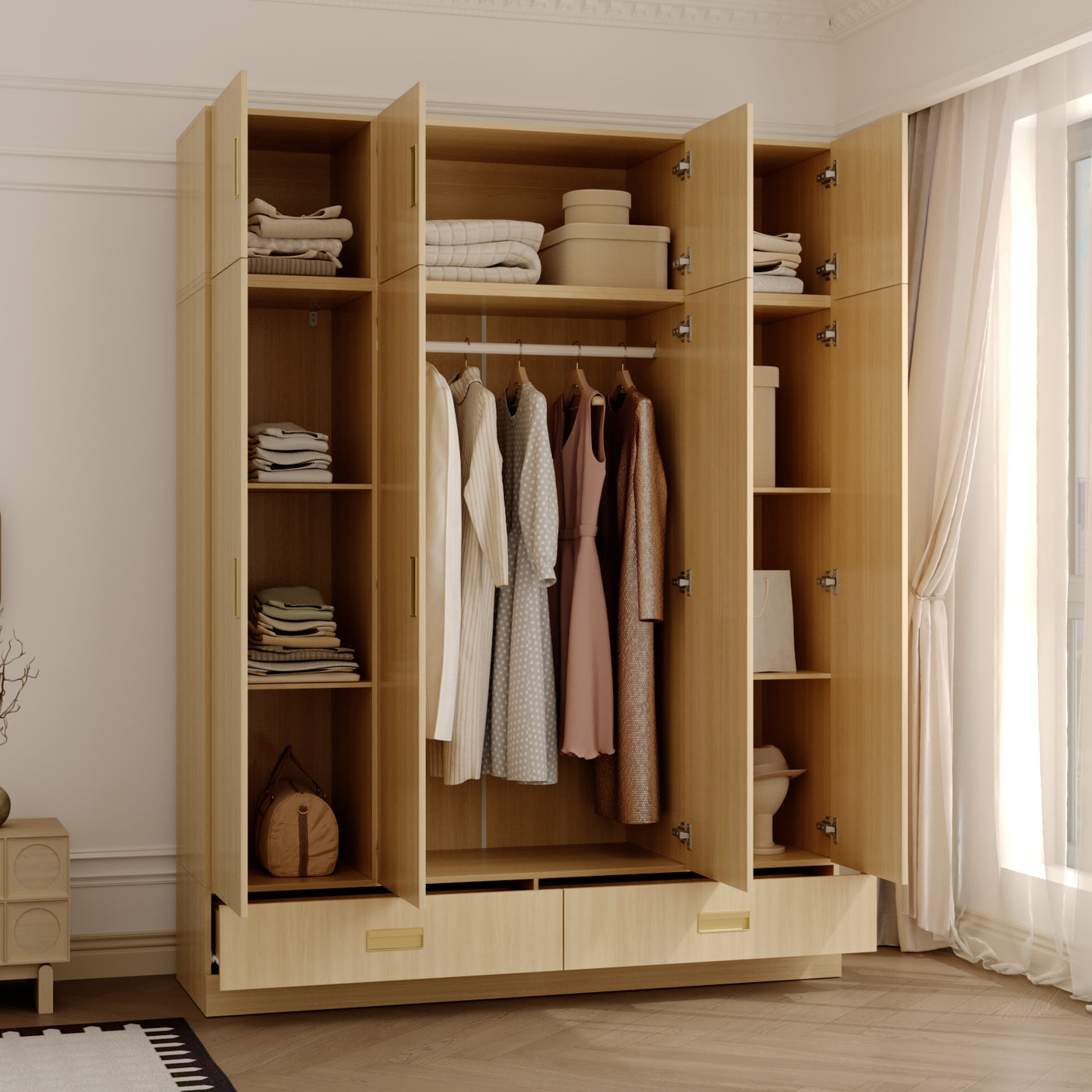 63" Beige Wood‑Grain 8‑Door Armoire Wardrobe with Top Cabinet, Hanging Rod and 2 Bottom Storage Drawers
