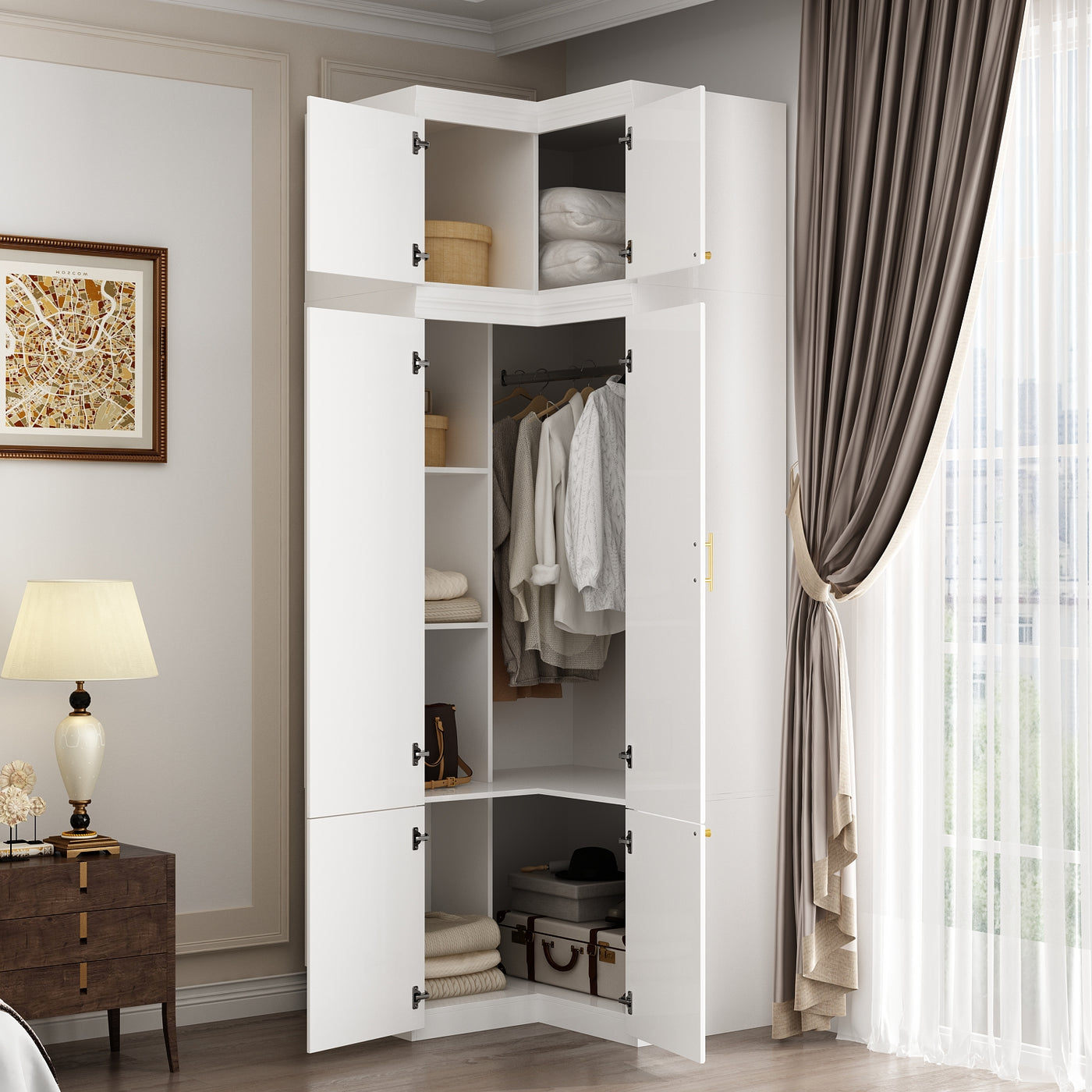 35.4" Modern White L-Shaped Corner Wardrobe with Top Cabinet