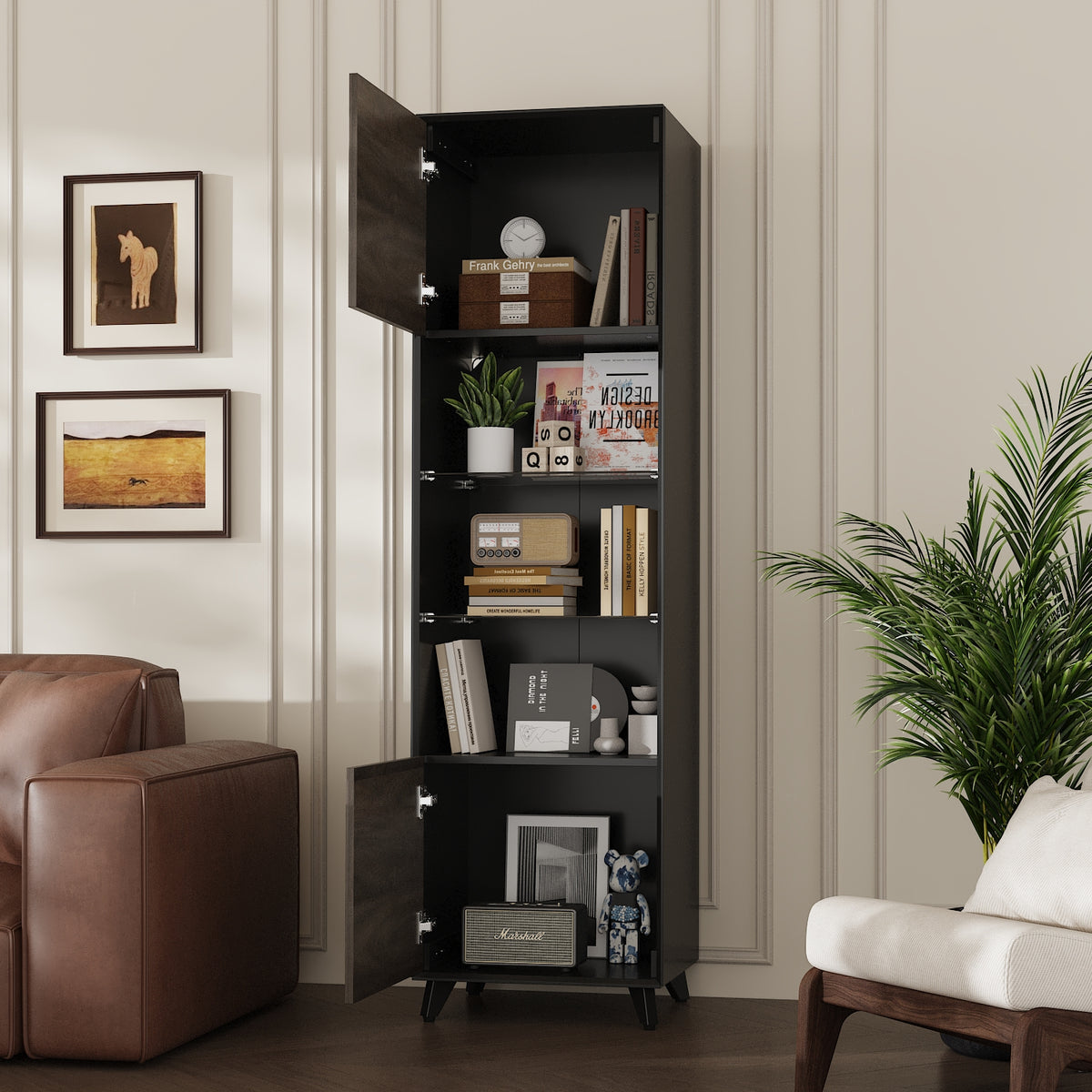 67 inch Modern Brown Tall Bookcase with 3-Color LED Lights & Glass Shelves