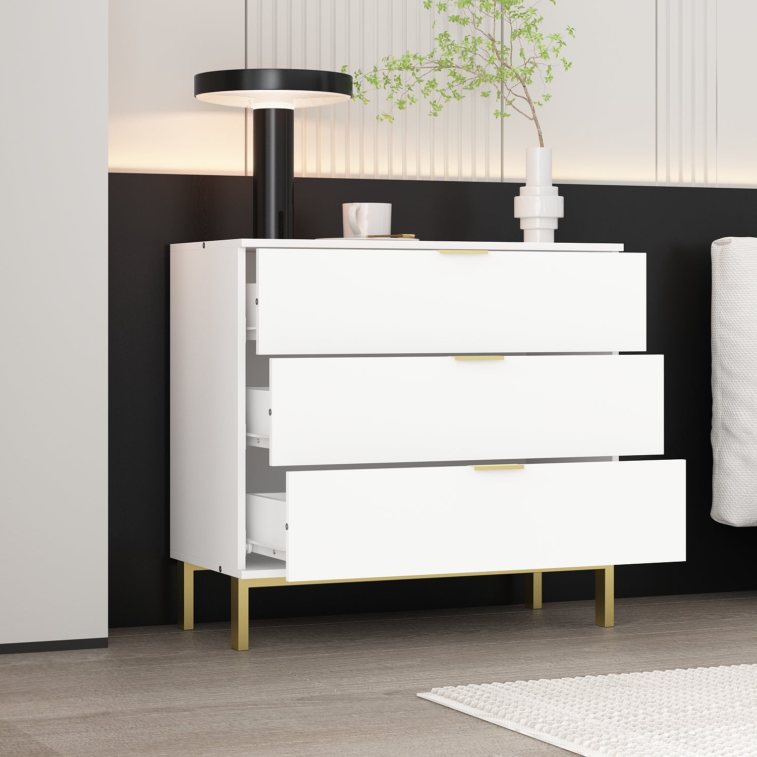 Vertical Chest 3-Drawer Nightstand Dresser Storage Sideboard with Metal Legs for Bedroom