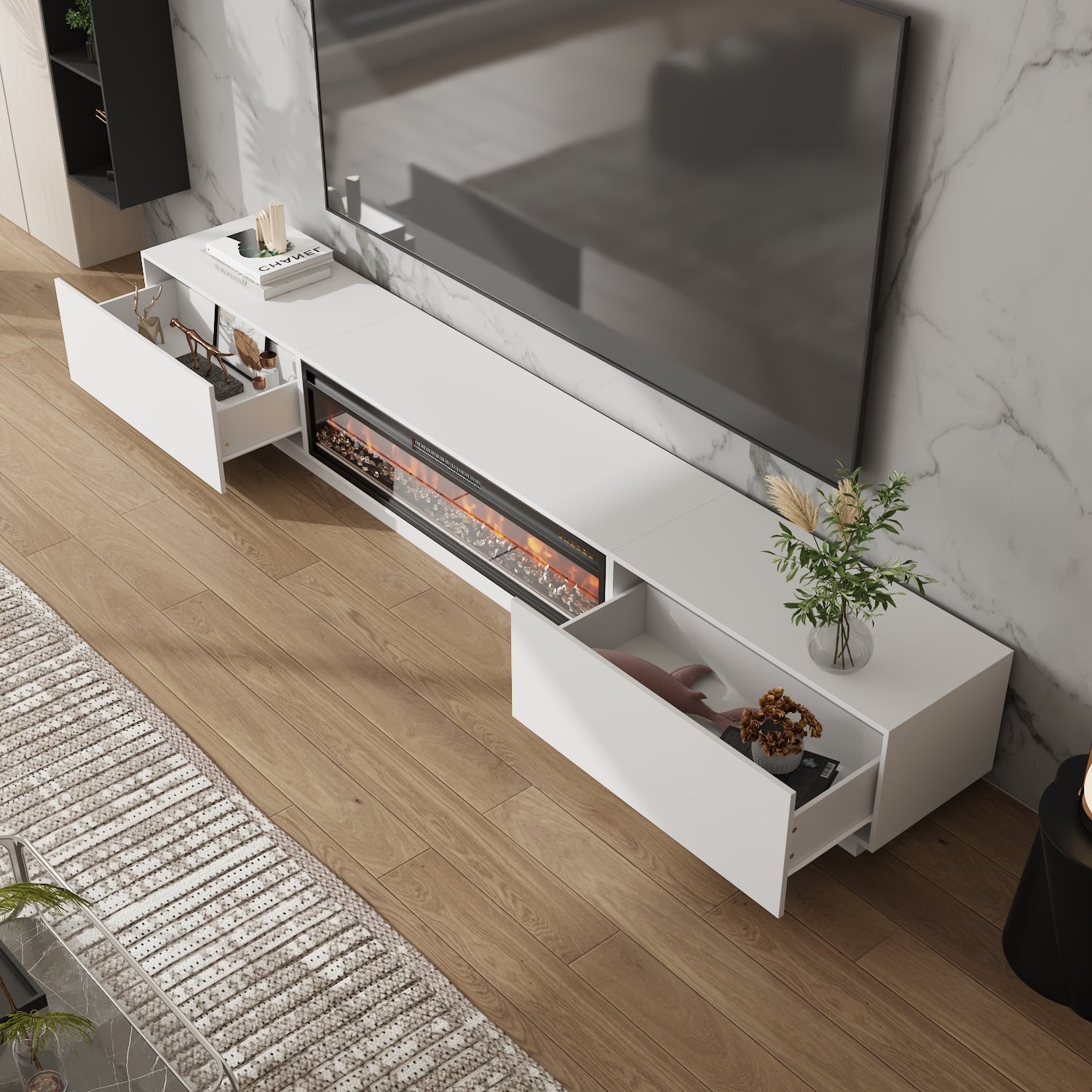 109'' W 2-Drawer TV Stand Media Console With Electric Fireplace Heater