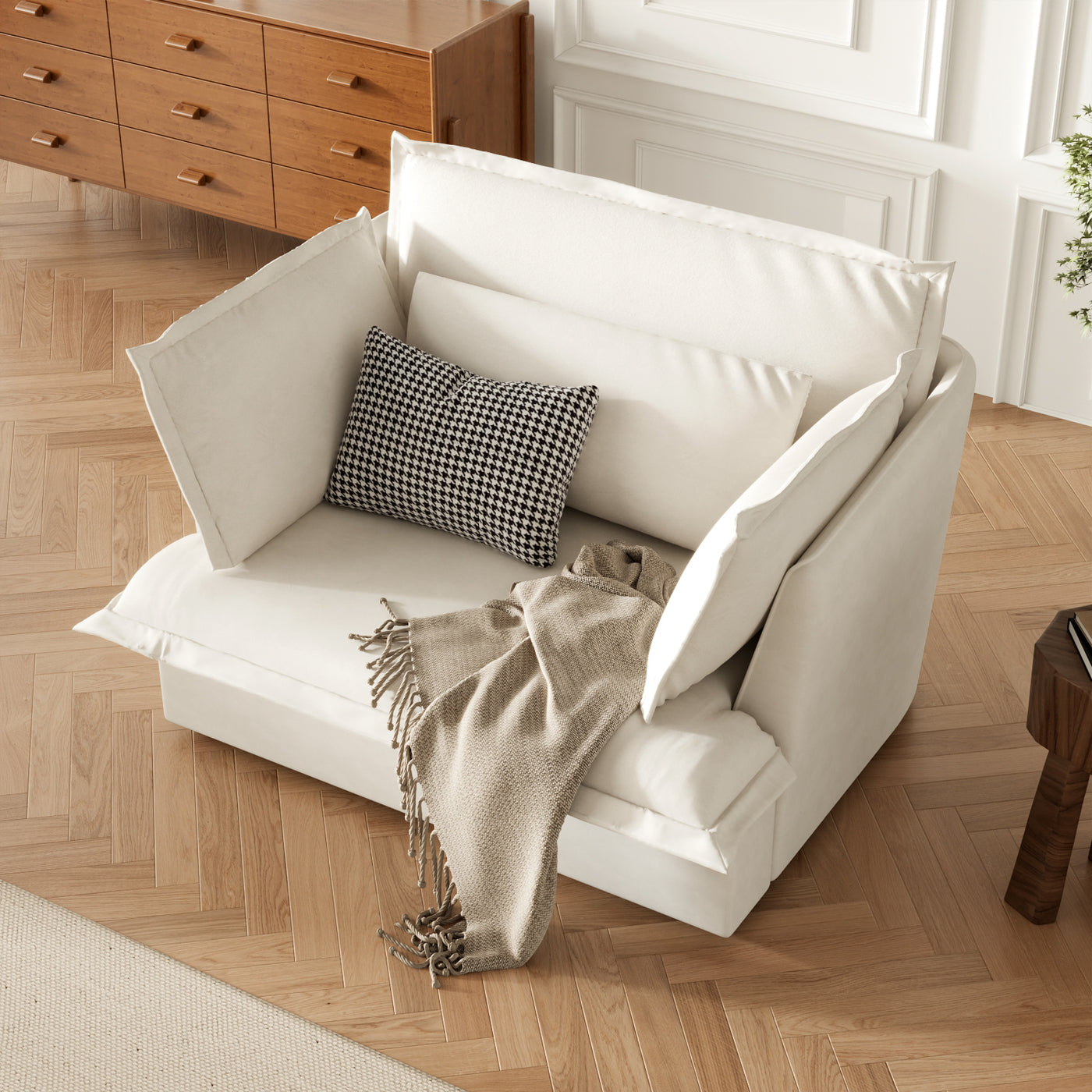 47.2" Modern White Upholstered Single Sofa with 3 Accent Pillows