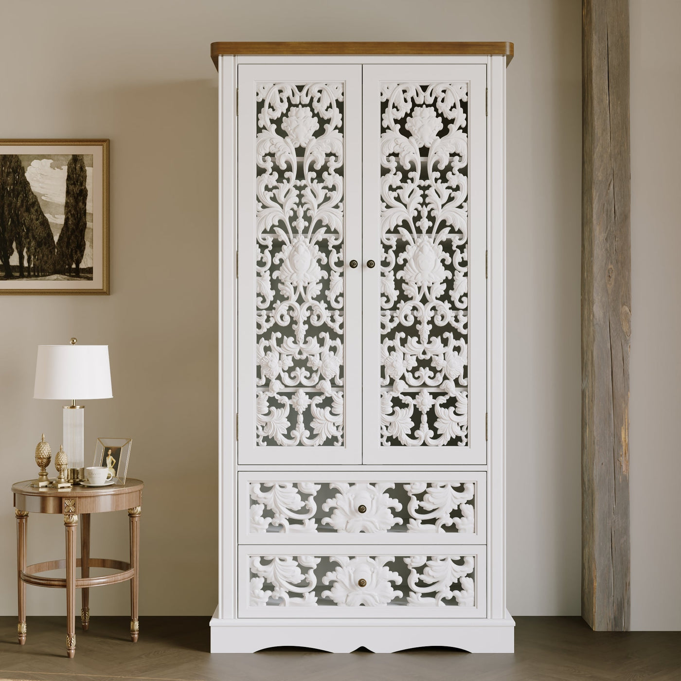 33.1" Boho White Storage Cabinet with 2 Drawers and 5 Tiers