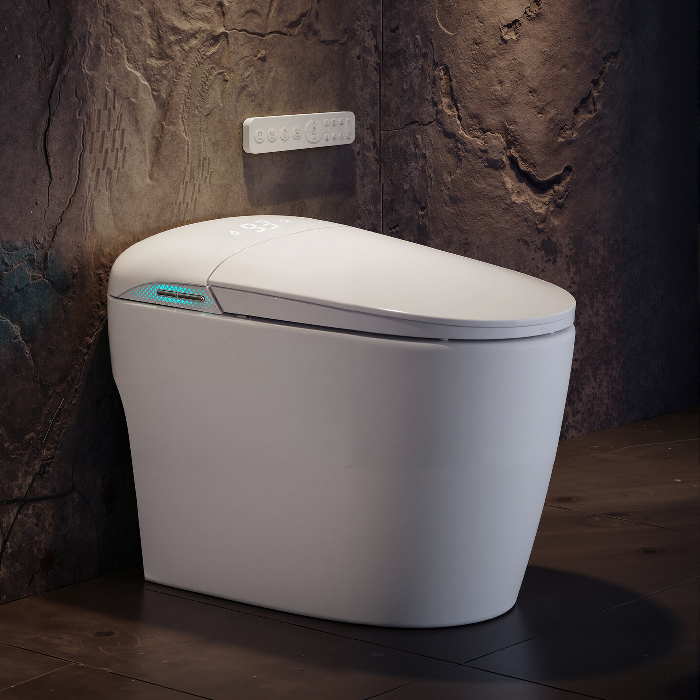 White smart toilet with automatic lid opening, foot kick flush, and foot kick seat opening