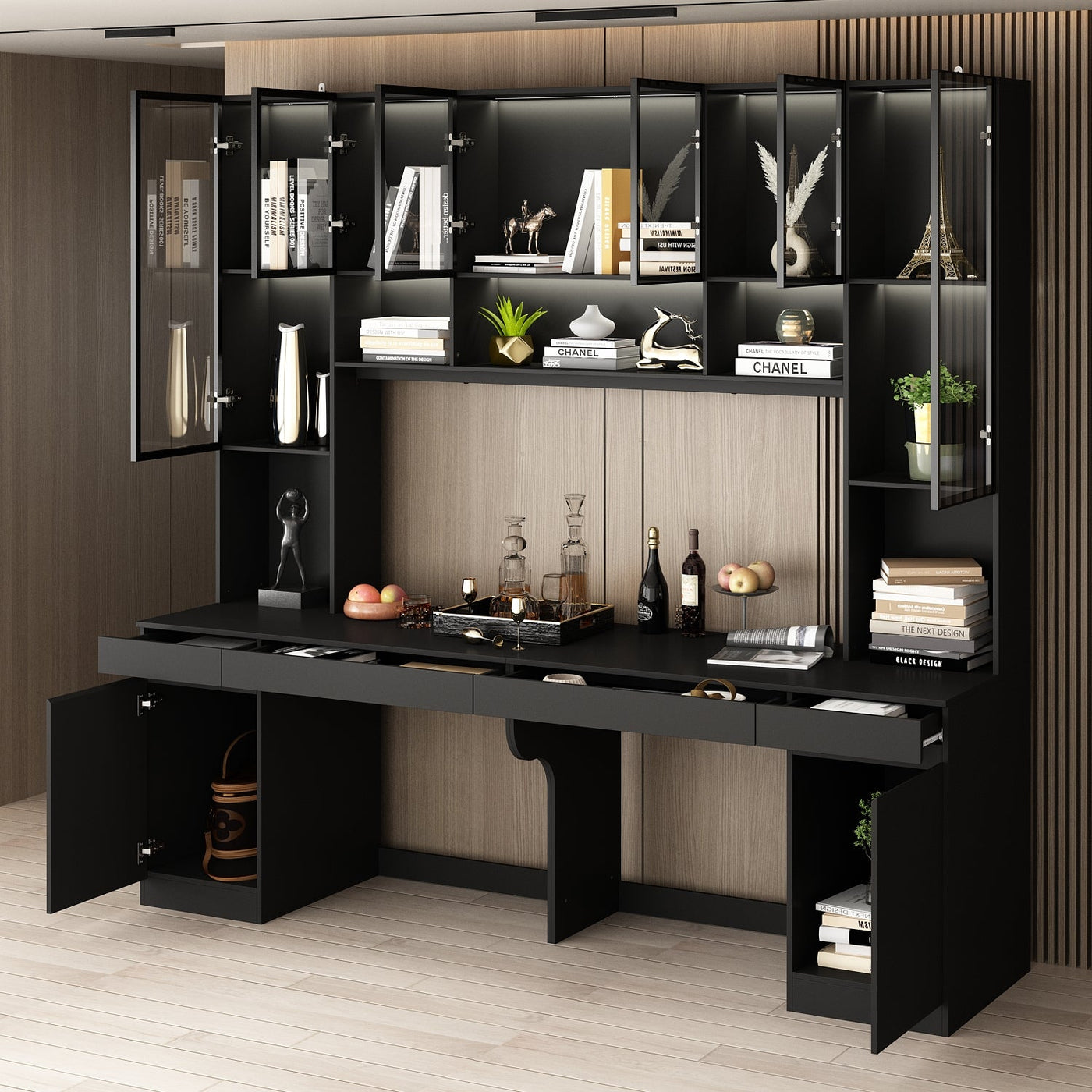 90.6" Transitional Black Computer Desk With Light And Glass Hinged Doors