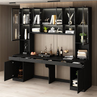 90.6" Transitional Black Computer Desk With Light And Glass Hinged Doors