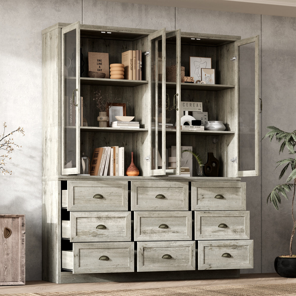 63" Vintage Oak Bookcase with 9 Drawers and 4 Glass Doors