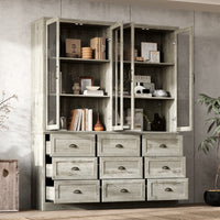 63" Vintage Oak Bookcase with 9 Drawers and 4 Glass Doors