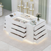 White wooden crate table with jewelry display in a modern interior setting