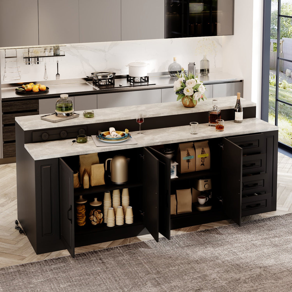 94.5" Modern Black Kitchen Island with Solid + Manufactured Wood Top