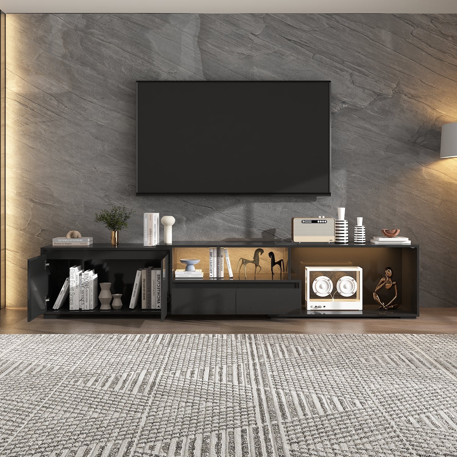 Modern Extendable Tv Stand With Adjustable Length And Led Light – Sleek Media Console For Living Room